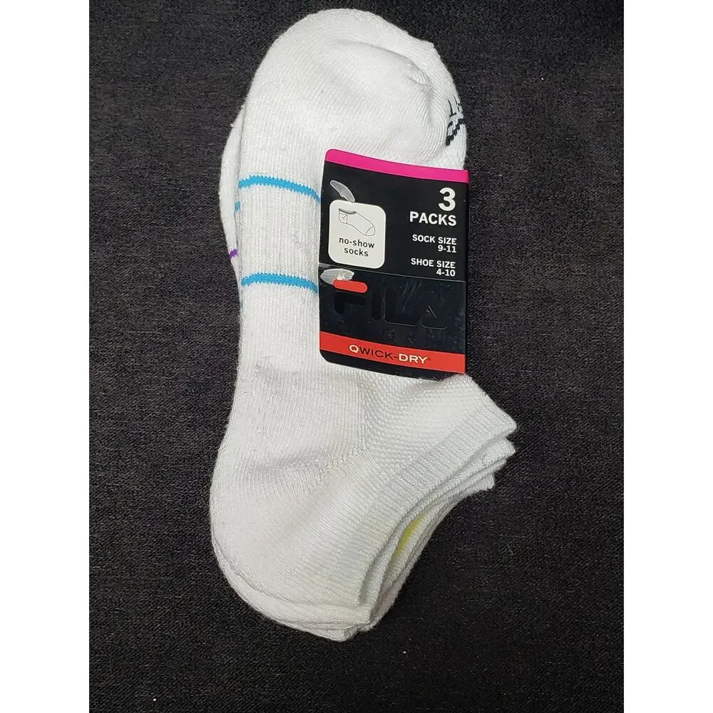 FILA Sport QWICK-DRY 3 Pack No Show Socks Shoe Size 4-10 White w. Stripes | BNWT
